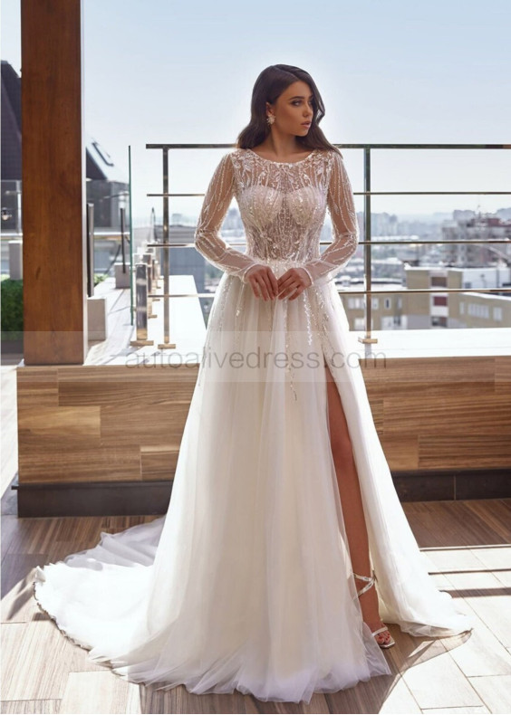 Beaded Ivory Lace Tulle High Slit Luxury Wedding Dress